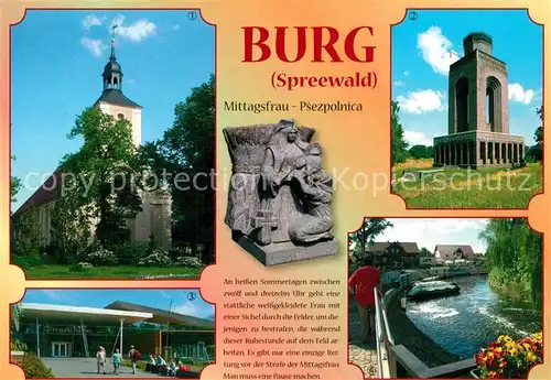 AK / Ansichtskarte Burg_Spreewald Kirche Bismarckturm Spreewald Therme Spreehafen Chronik Burg Spreewald
