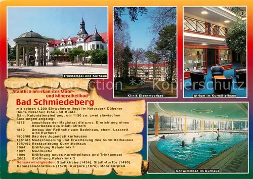 AK / Ansichtskarte Bad_Schmiedeberg Trinktempel Kurhaus Klinik Eisenmoorbad Atrium Kurmittelhaus Chronik Bad_Schmiedeberg