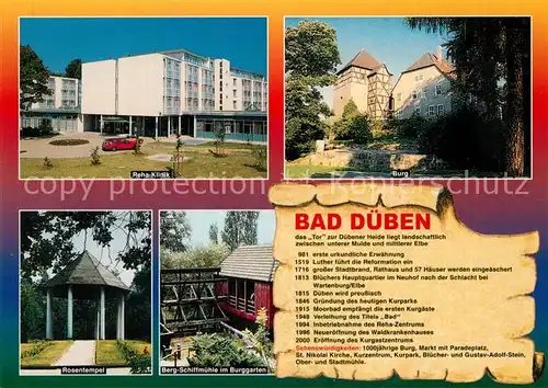 AK / Ansichtskarte Bad_Dueben Reha Klinik Burg Rosentempel Berg Schiffmuehle Burggarten Chronik Bad_Dueben