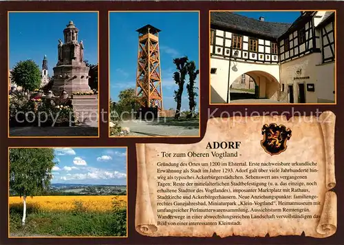 AK / Ansichtskarte Adorf_Vogtland Markt Kriegerehrenmal Aussichtsturm Remtengruen Freiberger Tor Adorf_Vogtland