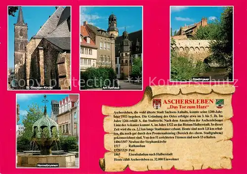 AK / Ansichtskarte Aschersleben Sankt Stephan Kirche Rathaus Stadtmauer Hennebrunnen Chronik Aschersleben
