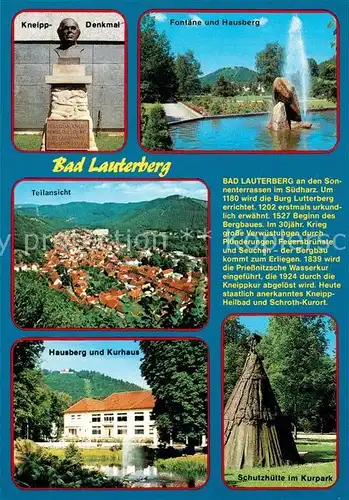 AK / Ansichtskarte Bad_Lauterberg Kneipp Denkmal Fontaene Hausberg Kurhaus Schutzhuette Chronik Bad_Lauterberg