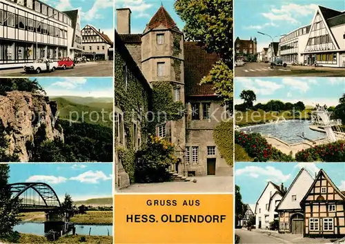 AK / Ansichtskarte Hessisch_Oldendorf Bruecke Freibad Muenchhausenhof Fachwerkbauten Hessisch Oldendorf