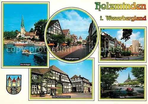 AK / Ansichtskarte Holzminden_Weser Anleger Fussgaengerzone Haarrmannplatz Fachwerkhaeuser Markt Holzminden Weser