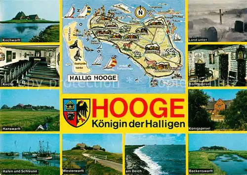 AK / Ansichtskarte Hooge_Hallig Kirchwarft Kirche Hafen Schleuse Westerwarft Deich Koenigspesel Hooge Hallig