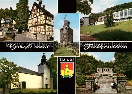 AK / Ansichtskarte Falkenstein_Taunus Altstadt Fachwerkhaeuser Burgruine Kirche Schule Wappen Falkenstein_Taunus