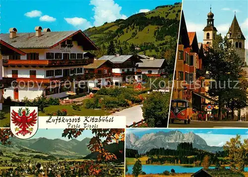 AK / Ansichtskarte Kitzbuehel_Tirol Strassenbild mit Haus Toni Sailer Vorderstadt Kirche Schwarzsee Wilder Kaiser Kitzbuehel Tirol