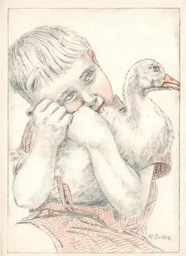 AK / Ansichtskarte Kuenstlerkarte M. Godon  Kind mit Gans Kuenstlerkarte