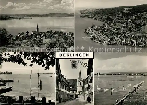 AK / Ansichtskarte Berlingen_Untersee Panorama Strandpartie Schwaene Ortskern Kirche Fliegeraufnahme Berlingen Untersee