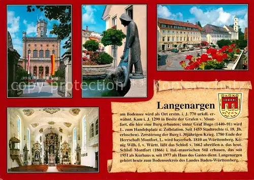 AK / Ansichtskarte Langenargen_Bodensee Schloss Montfort Marktbrunnen Pfarrkirche Sankt Martin Chronik Langenargen Bodensee