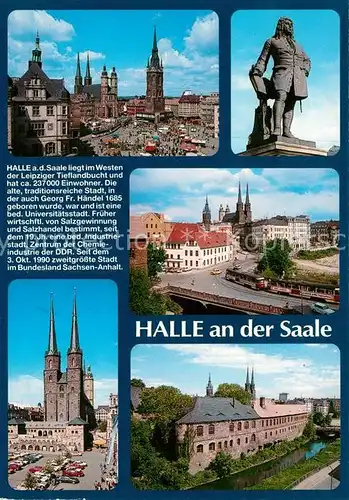 AK / Ansichtskarte Halle_Saale Marktplatz Marktkirche Roter Turm Haendeldenkmal Klausbruecke Chronik Halle_Saale