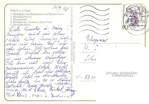 AK / Ansichtskarte Halle_Saale Marktplatz Marktkirche Roter Turm Haendeldenkmal Klausbruecke Chronik Halle_Saale