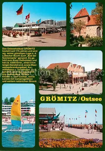AK / Ansichtskarte Groemitz_Ostseebad Strand Stadtansicht Promenade Chronik Groemitz_Ostseebad