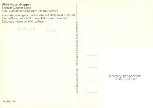 AK / Ansichtskarte Dammbach Waldhotel Heppe im Spessart Dammbach