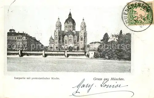 AK / Ansichtskarte Muenchen Isarpartie mit protestantischer Kirche Muenchen