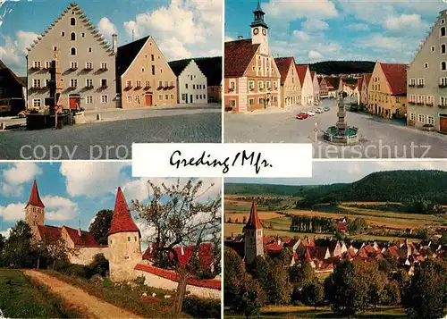 AK / Ansichtskarte Greding Teilansichten Historische Stadt Stadtmauer Tuerme Giebelhaeuser Marktplatz Brunnen Greding