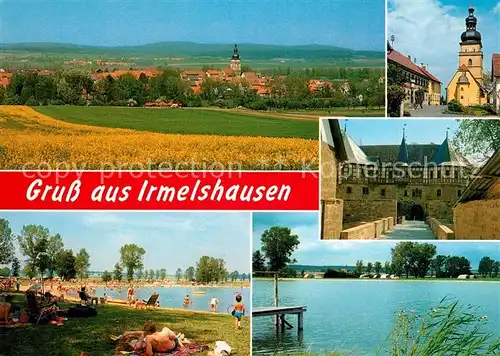AK / Ansichtskarte Irmelshausen Panorama Ortsmotiv mit Kirche Schloss Badesee Strand Irmelshausen