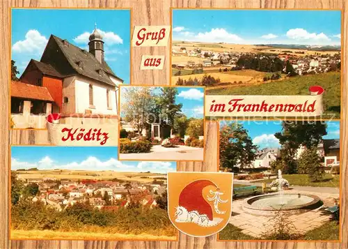 AK / Ansichtskarte Koeditz_Oberfranken Panorama Kirche Gedenkstein Brunnen Wappen Koeditz Oberfranken