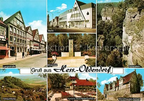 AK / Ansichtskarte Hessisch_Oldendorf Langestrasse Ehrenmal Hohenstein Markt Schaumburg Kurpark Hessisch Oldendorf