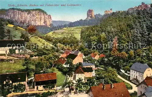 AK / Ansichtskarte Saechsische_Schweiz Rathen mit Talwaechter und Lokomotive Saechsische Schweiz