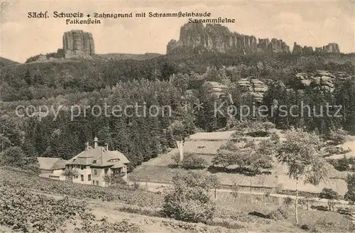 AK / Ansichtskarte Saechsische_Schweiz Zahnsgrund mit Schrammsteinbaude Falkenstein und Schrammsteine Saechsische Schweiz