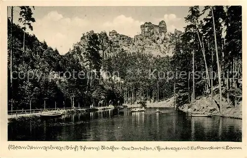 AK / Ansichtskarte Rathen_Saechsische Schweiz Der Amselsee mit Lokomotive und Lamm Rathen Saechsische Schweiz