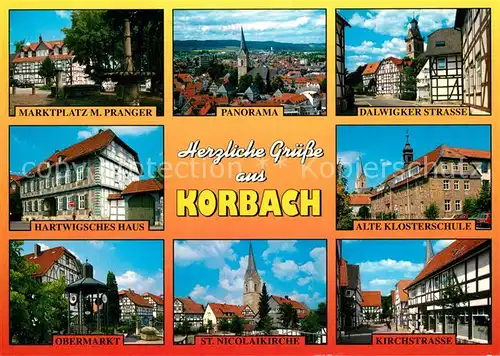 AK / Ansichtskarte Korbach Marktplatz M. Pranger Dalwigker Strasse Hartwigsches Haus Klosterschule Kirchstrasse Obermarkt Korbach