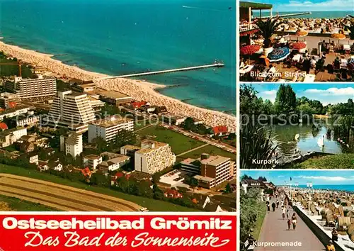 AK / Ansichtskarte Groemitz_Ostseebad Fliegeraufnahme Strand Kurpark Promenade Groemitz_Ostseebad