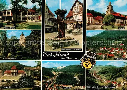 AK / Ansichtskarte Grund_Harz_Bad Fliegeraufnahme Kurpark Kirche Konzerthalle Markt Grund_Harz_Bad