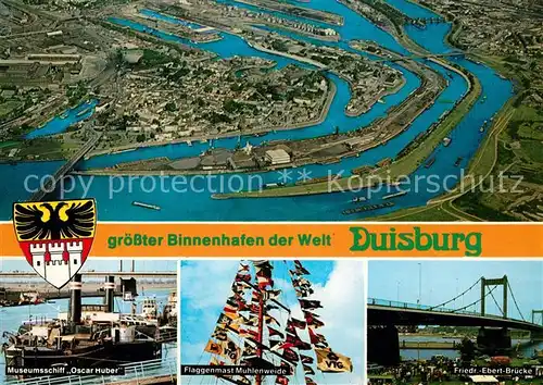 AK / Ansichtskarte Duisburg_Ruhr Fliegeraufnahme Museumsschiff Oscar Huber Flaggemast Muehlenweide Friedrich Ebert Bruecke Duisburg Ruhr