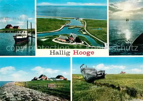 AK / Ansichtskarte Hallig_Hooge Fliegeraufnahme gekentertes Fischerboot Reethaeuser Hallig Hooge