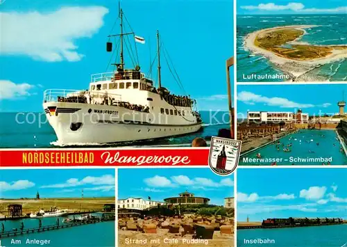 AK / Ansichtskarte Wangerooge_Nordseebad Faehrschiff Fliegeraufnahme Meerwasser Schwimmbad Inselbahn Wangerooge_Nordseebad