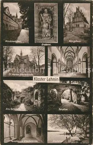 AK / Ansichtskarte Lehnin Kloster Moenchswohnhaus Grabmal Koenigshaus St Marien Klosterkirche Inneres Alte Torkapelle Tetzeltor Paradies Klostersee Lehnin
