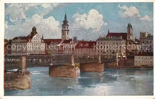 AK / Ansichtskarte Linz_Donau Bruecke und Schloss Kuenstlerkarte Linz_Donau
