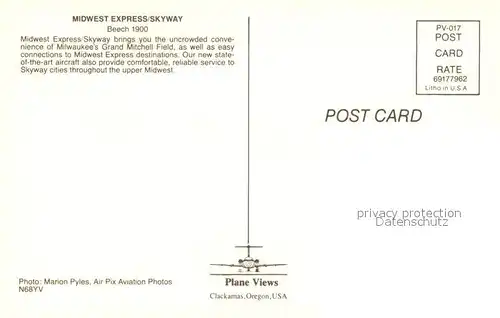 AK / Ansichtskarte Flugzeuge_Zivil Midwest Express Skyway Beech 1900 N68YV Flugzeuge Zivil