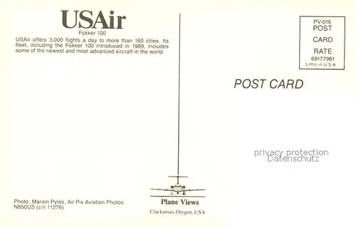 AK / Ansichtskarte Flugzeuge_Zivil USAir Fokker 100 N850US Flugzeuge Zivil