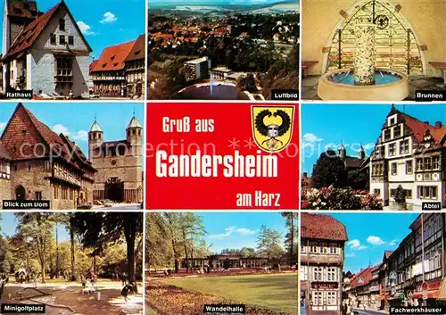 AK / Ansichtskarte Gandersheim_Bad Rathaus Brunnen Fachwerkhaus Wandelhalle Minigolf Dom Gandersheim_Bad