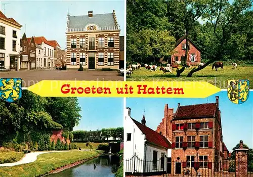 AK / Ansichtskarte Hattem_Zwolle Rathaus Kanal Bauernhaus Viehweide Altes Gebaeude Hattem_Zwolle
