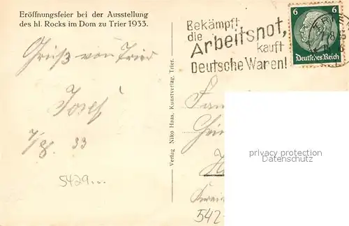 AK / Ansichtskarte Trier Eroeffnungsfeier bei der Ausstellung des hl Rocks im Dom 1933 Trier