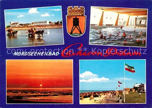 AK / Ansichtskarte Cuxhaven_Duhnen_Nordseebad Abfahrt Wattwagen Meerwasser Wellenschwimmbad Sonnenuntergang Cuxhaven_Duhnen
