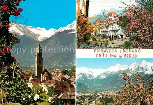 AK / Ansichtskarte Merano_Suedtirol Fruehling Kirche Panorama Merano Suedtirol