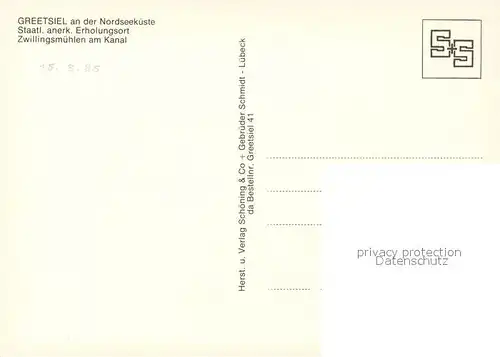 AK / Ansichtskarte Greetsiel Zwillingsmuehlen am Kanal Greetsiel