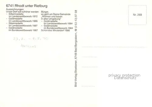 AK / Ansichtskarte Rhodt_Rietburg Urkunde Unser Dorf soll schoener werden Goldmedaille Silbermedaille Rhodt Rietburg