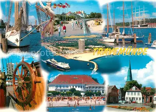 AK / Ansichtskarte Travemuende_Ostseebad Hafen Strand Fischkuttr Kirche Travemuende_Ostseebad