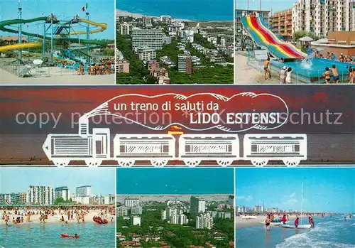 AK / Ansichtskarte Lido_degli_Estensi Hotels am Meer Strand Freizeitbad Eisenbahn Sonnenuntergang Lido_Degli_Estensi