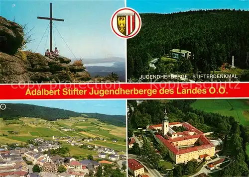 AK / Ansichtskarte Aigen_Muehlkreis Adalbert Stifter Jugendherberge Stifterdenkmal Gipfelkreuz Kloster Fliegeraufnahme Aigen Muehlkreis