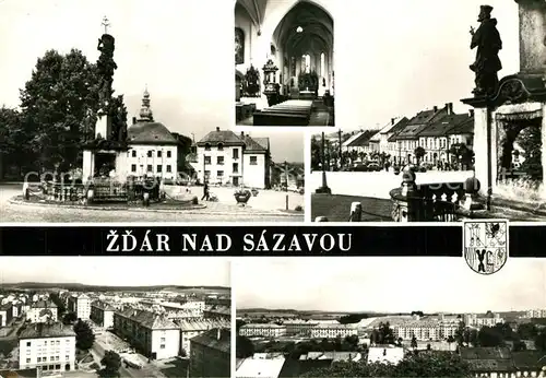 AK / Ansichtskarte Zdar_nad_Sazavou_Saar Saeule Rathaus Kirche Platz Statue Stadtpanorama Schule Zdar_nad_Sazavou_Saar