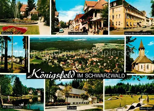 AK / Ansichtskarte Koenigsfeld_Schwarzwald Friedrichstrase Kurpark Hotel Brudergemeine Sageweiher Minigolf Kurbad Koenigsfeld Schwarzwald