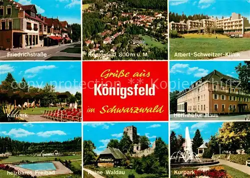 AK / Ansichtskarte Koenigsfeld_Schwarzwald Friedrichstrasse Koenigsfeld Albert Schweizrer Klinik Ruine Waldau Freibad Kurpark Koenigsfeld Schwarzwald