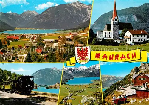 AK / Ansichtskarte Maurach_Achensee Fliegeraufnahme Bahn Kirche Maurach Achensee